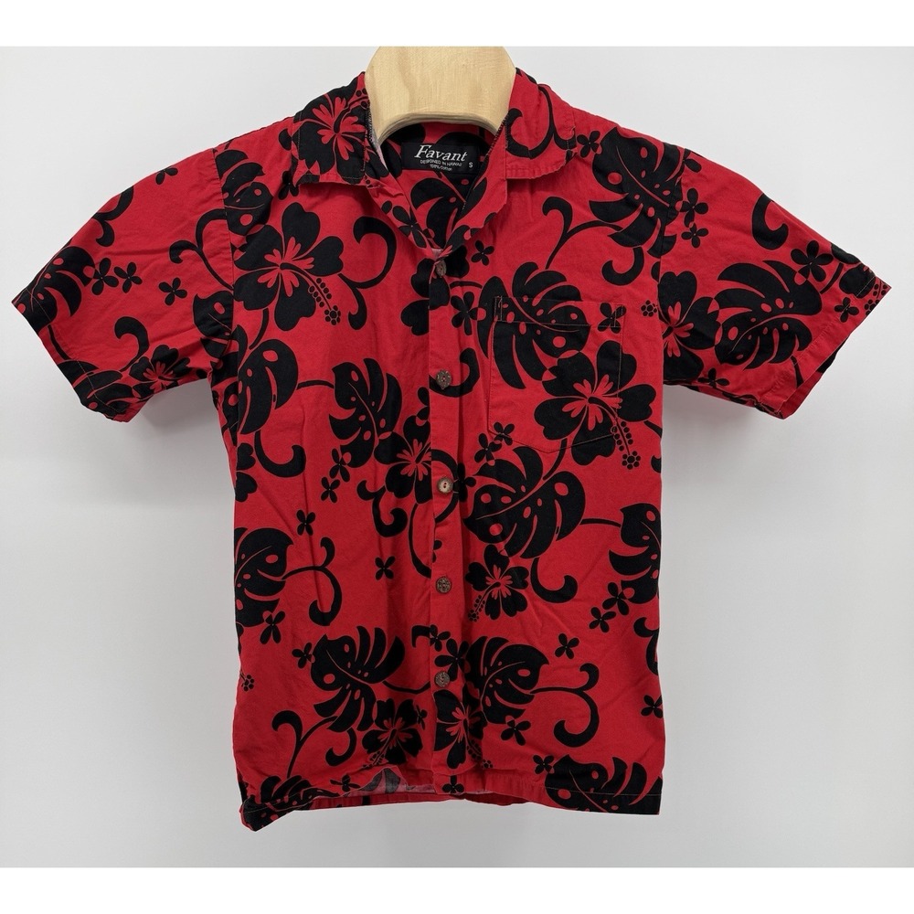 Favant Hawaiian Shirt Men's Size S 100% Cotton Red Floral‎ Tropical Beach Aloha